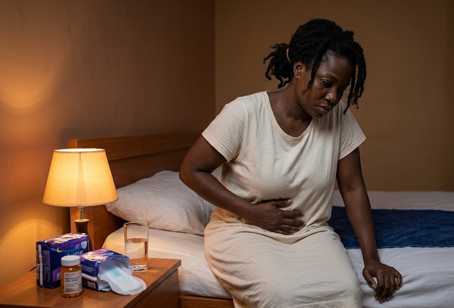 Woman sitting on edge of bed during heavy period
